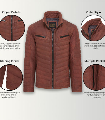 Men's Puffer Leather Biker Quilted Vintage Bomber Jacket - Tan