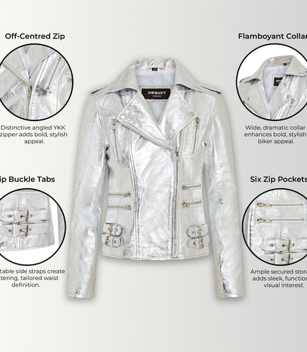 Womens Leather Brando Biker Jacket-Orlando - Silver