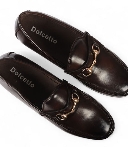 Men's Brown Loafers with Gold Buckle Smart Slip-On Shoes