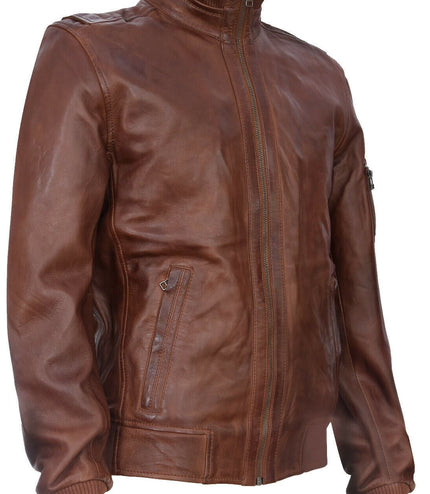 Mens Leather Varsity Bomber Jacket-Adana - Tan