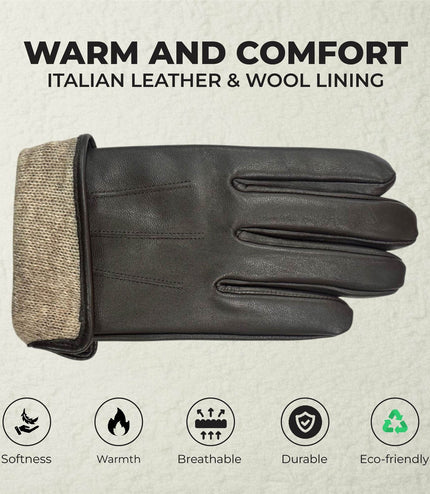 Men's Brown Italian Leather Warm Wool Lining Winter Gloves - M-LGV-305