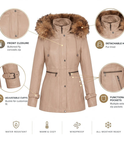 Womens Beige Warm Leather Hooded Parka Jacket-Northwich