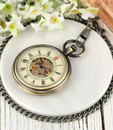 Mechanical Bronze Skeleton Antique Open Face Pocket Watch