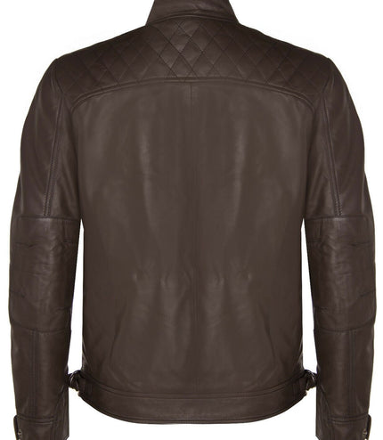 Men's Vintage Leather Quilted Biker Jacket-Monaco - Brown