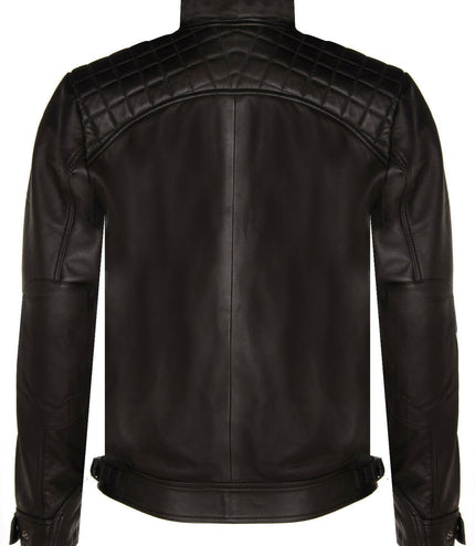 Men's Vintage Leather Quilted Biker Jacket-Monaco - Black