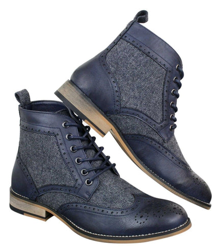 Mens Classic Tweed Oxford Ankle Boots In Navy Leather
