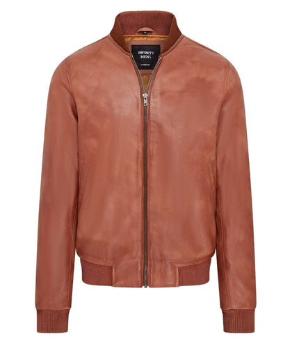 Mens Soft Leather MA-1 Varsity Bomber Jacket - Tan