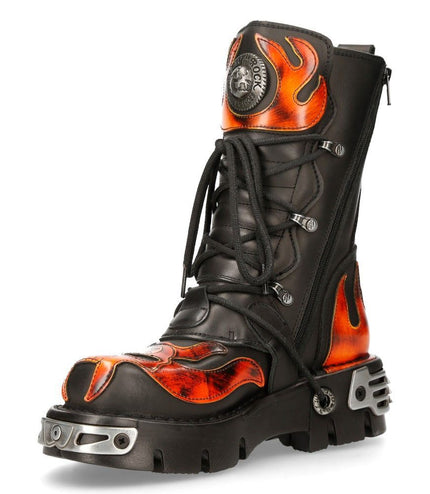 New Rock Flame Accented Black/Red Leather Biker Skull Boots - 107-S1