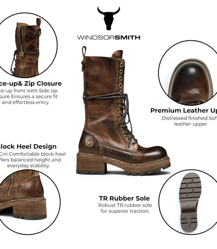 Windsorsmith Women's Brown Leather Lace-up Long Combat Boots - Roam
