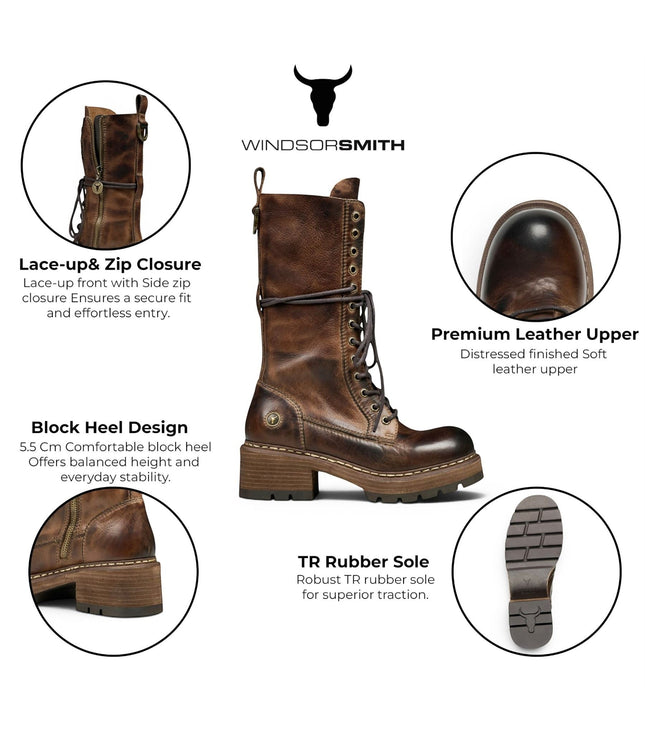Windsorsmith Women's Brown Leather Lace-up Long Combat Boots - Roam