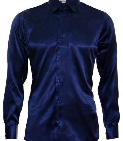 Mens Blue Satin Silk Shirt Smart Casual Button Down Cuff Tailored Fit