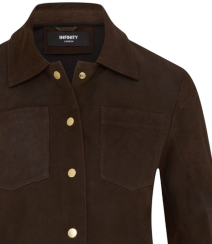 Womens Brown Leather Shacket Collar Jacket - Lofar