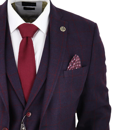 Mens 3 Piece Tweed Suit Plum Purple Check Peaky Blinders Classic 1920 Gatsby