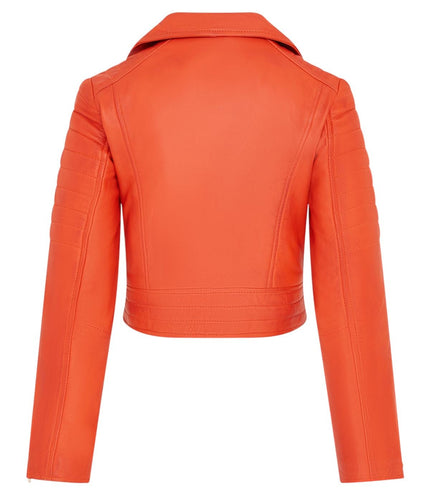 Womens Orange Cropped Brando Leather Biker Jacket-Longtown