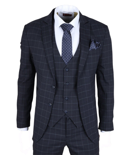 Men's Navy Checked 3 Piece Suit Tailored Fit
