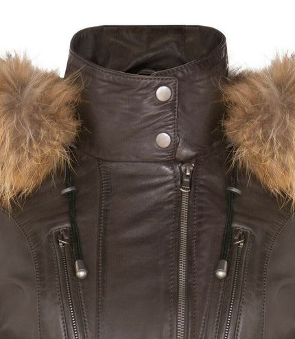 Womens Slim Fit Leather Hooded Parka Jacket-Northam - Brown