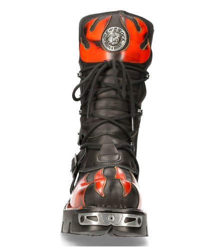 Front view of New Rock 591-S1 boot showing red flame toe cap and front laces