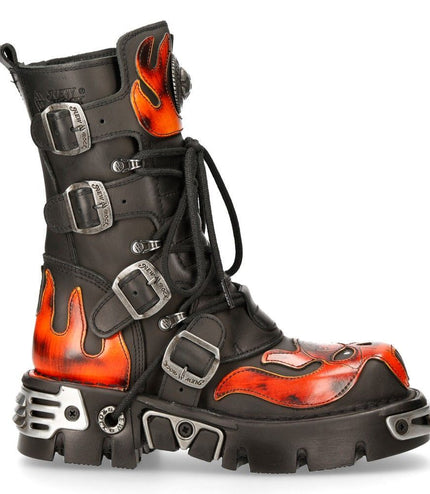 New Rock Flame Accented Black/Red Leather Biker Skull Boots - 107-S1