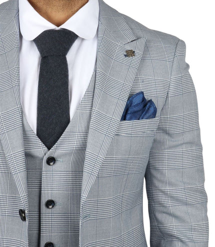 Men's Blue Checked 3 Piece Suit Tailored Fit Suit Formal Wedding