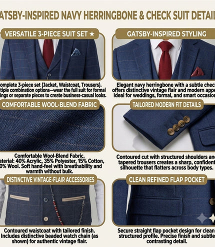 Men's Navy Blue Tweed 3 Piece Wool Blend Formal Suit - TP-32