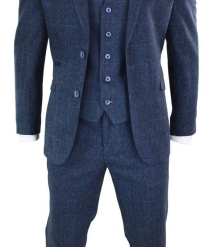 Mens 3 Piece Navy Blue Tweed Herringbone Vintage Classic Suit