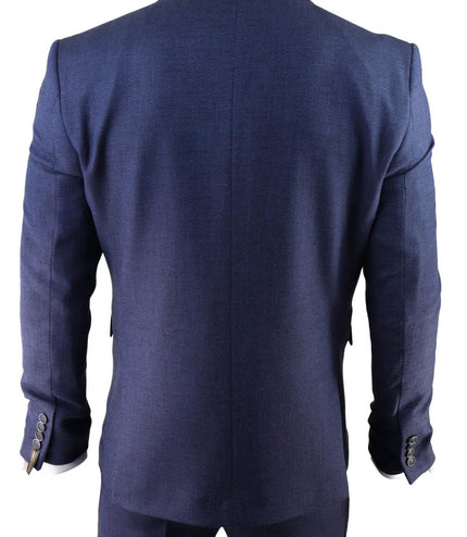 Mens Navy Blue 3 Piece Tweed Herringbone Suit Peaky Blinders Classic Tailored