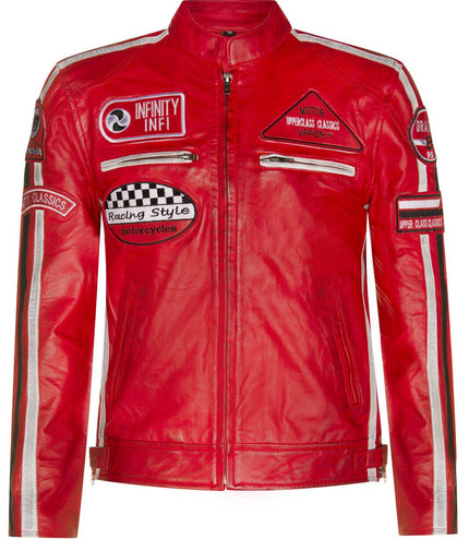 Mens Racing Leather Biker Jacket-Portland - Red
