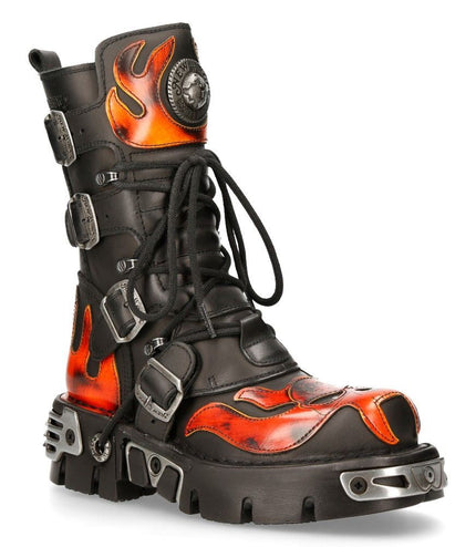 New Rock Flame Accented Black/Red Leather Biker Skull Boots - 107-S1