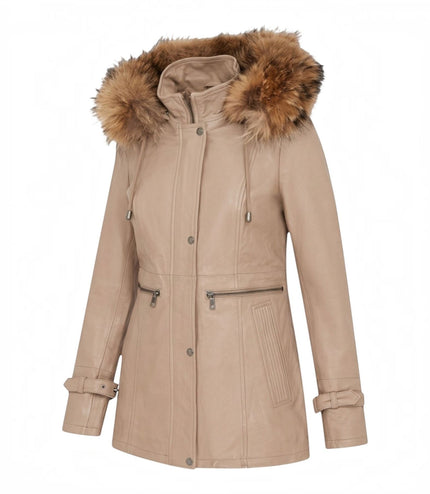 Womens Beige Warm Leather Hooded Parka Jacket-Northwich