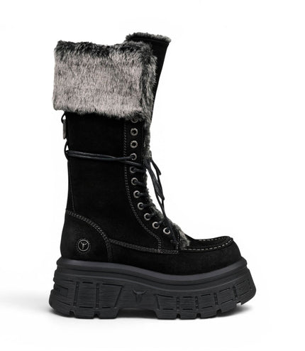 Windsorsmith Women's Black Suede Leather Platform Combat Fur Boots - Saintly