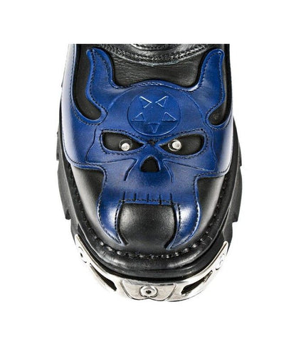 New Rock Unisex Black/Blue Leather Gothic Biker Skull Boots - 107-C5