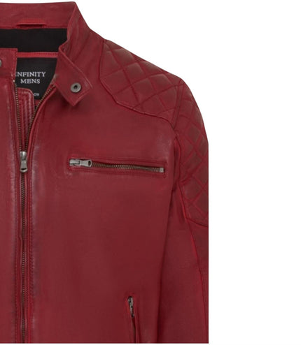 Mens Red Leather Quilted Shoulder Biker Jacket - Rock