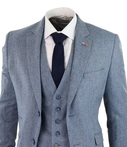 Mens 3 Piece Light Blue Tweed Tailored Fit Retro Classic Suit