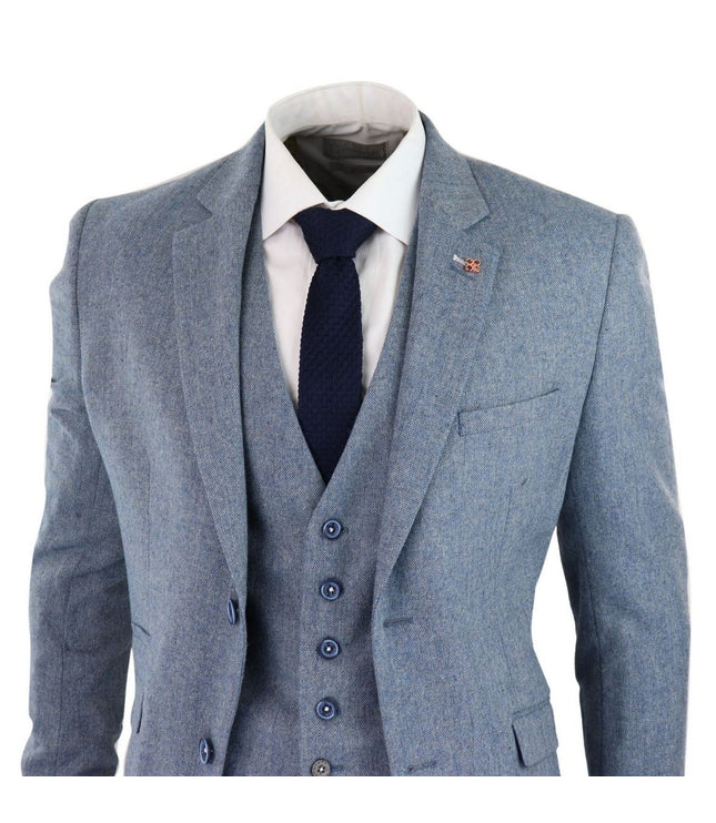 Mens 3 Piece Light Blue Tweed Tailored Fit Retro Classic Suit
