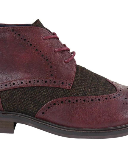 Mens Classic Tweed Oxford Brogue Ankle Boots In Wine Leather