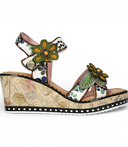 Laura Vita Women's Ballon 08 Beige Floral Leather Wedge Espadrille Sandals