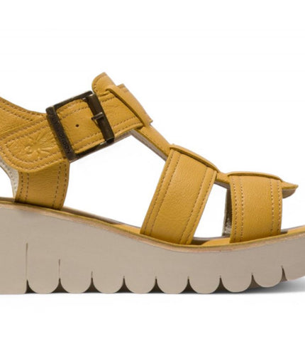 Fly London Women's Yudd236Fly Bumblebee Yellow Mousse Leather Wedge Sandals