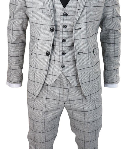 Mens 3 Piece Tweed Suit Grey Check Peaky Blinders 1920 Gatsby Wedding Suit