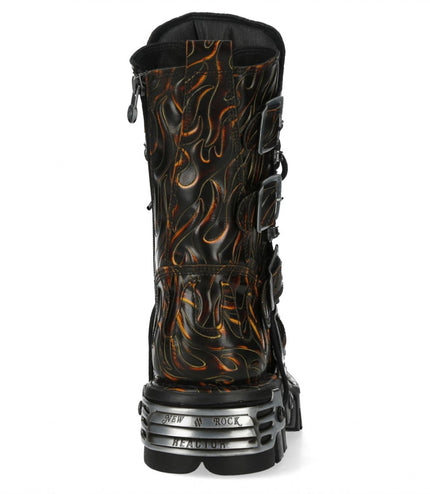 New Rock M-591-C62 Mid-Calf High Black Flame Leather Metallic Gothic Boots