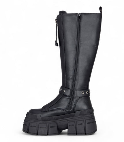 Buffalo Womens Biker Knee High Black Chunky Goth Platform Boots - Gospher Hi