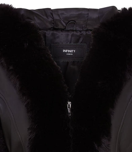 Womens Flared Black Luxury Leather Hooded Cape Coat With Fur