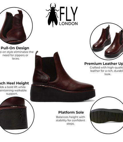 Fly London Womens Wine Red Hely268 Chelsea Leather Ankle Pull-On Platform Comfort Boots