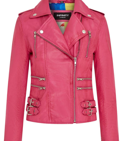 Womens Leather Brando Biker Jacket-Orlando - Fuschia