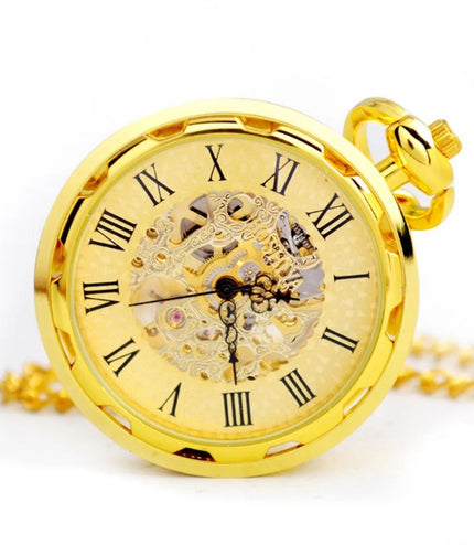 Mechanical Golden Skeleton Open-Face Chain Pocket Watch