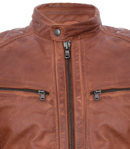 Mens Leather Jacket Vintage Quilted Retro Racing Zipped Biker - San Marino - Tan