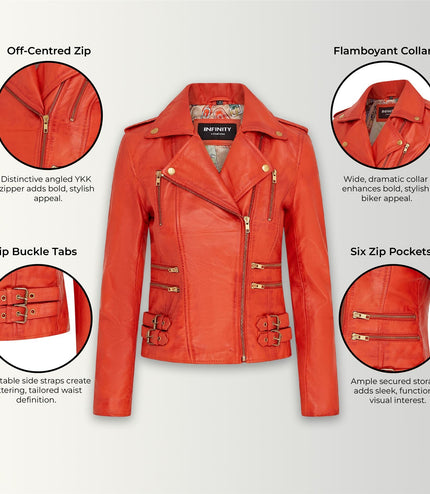 Womens Leather Brando Biker Jacket-Orlando - Orange