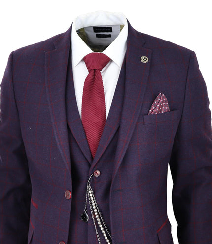 Mens 3 Piece Tweed Suit Plum Purple Check Peaky Blinders Classic 1920 Gatsby