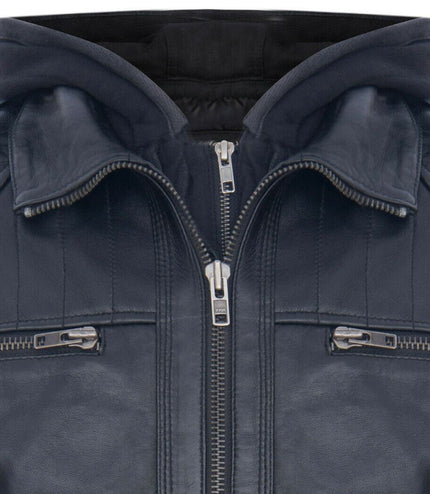 Mens Black Hooded Leather Biker Jacket-Salvador