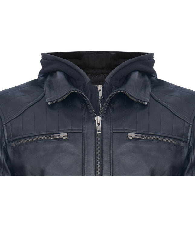 Mens Black Hooded Leather Biker Jacket-Salvador