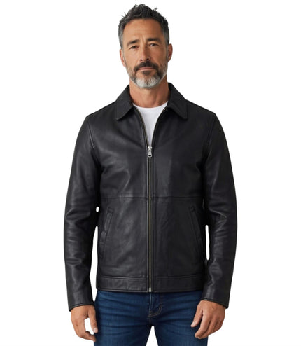 Mens Leather Black Harrington Collar Biker Jacket - Alpha